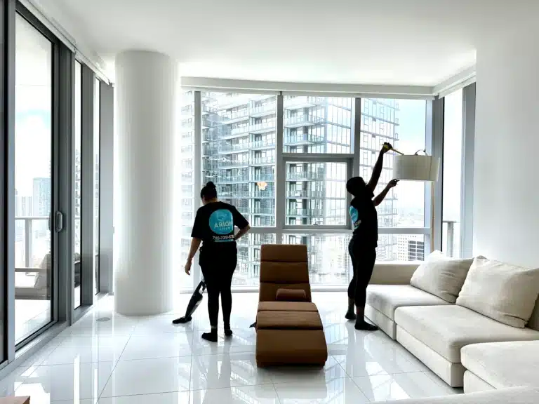 Miami house cleaner team performing eco-friendly cleaning in a modern Miami home interior