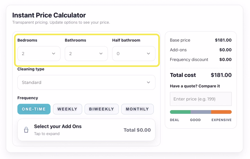 House cleaning cost calculator tool highlighting the inputs for bedrooms, bathrooms, and half bathrooms.
