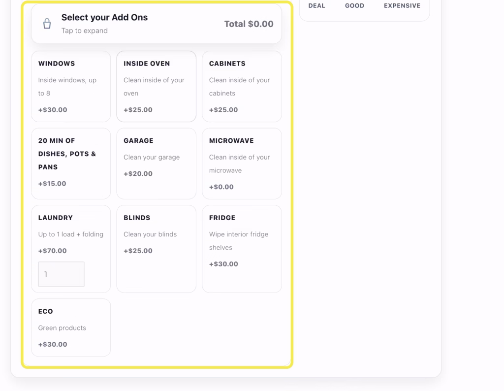 House cleaning cost calculator tool highlighting the options for Add Ons services